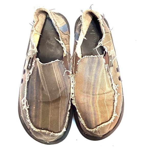 Sanuk Donny Dark Brown Vintage Denim Stripe Sidewalk Surfer Mens Size 9 - Picture 5 of 12